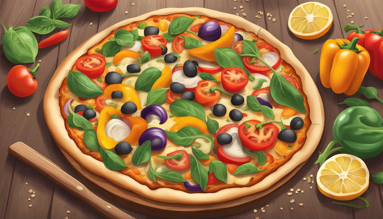 A freshly baked gluten-free veggie pizza sits on a wooden cutting board, topped with colorful bell peppers, tomatoes, and spinach