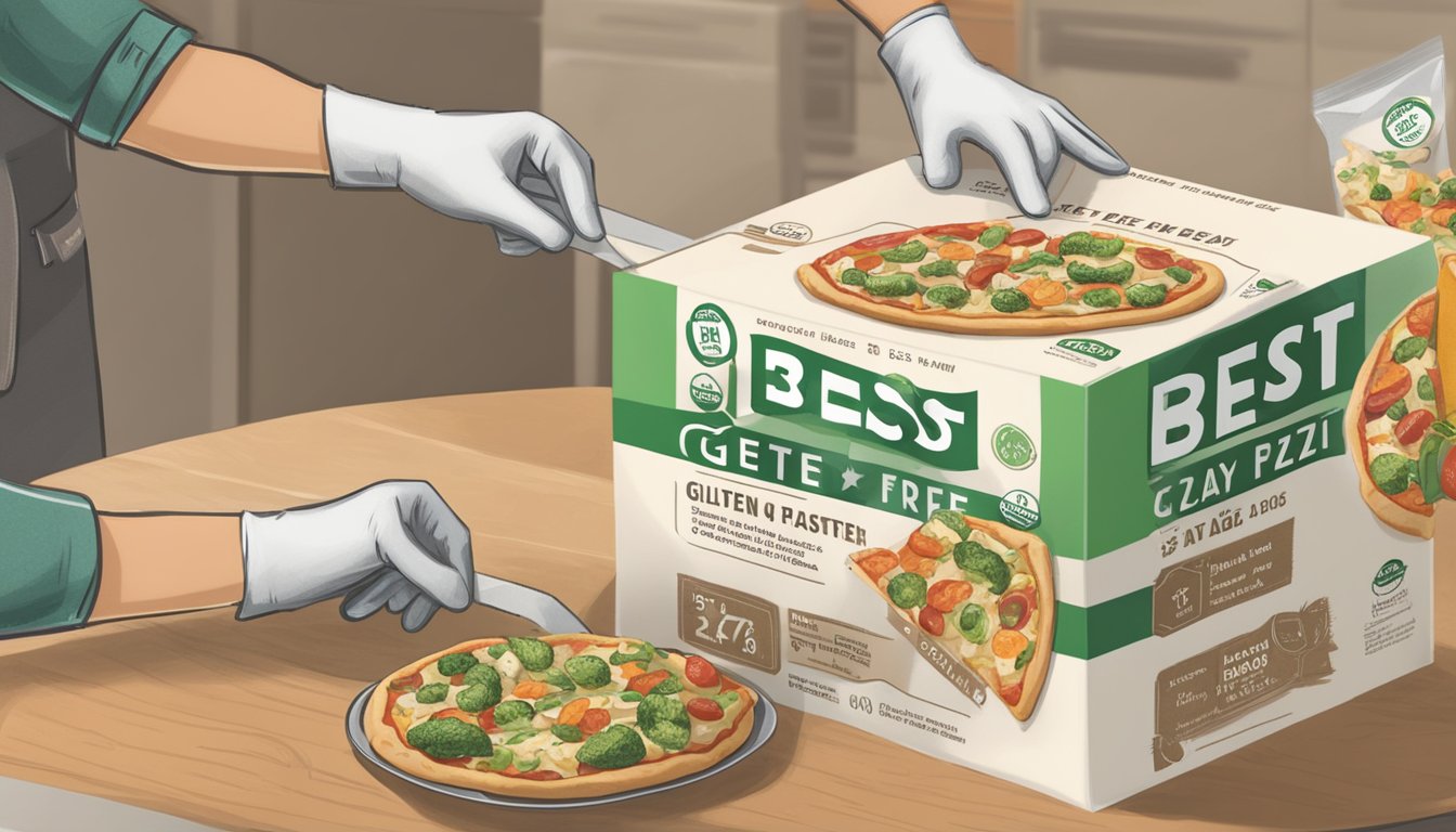 A gluten-free veggie pizza sits in a sealed package next to a "best by" date label. A pair of hands is seen using gloves to handle the package