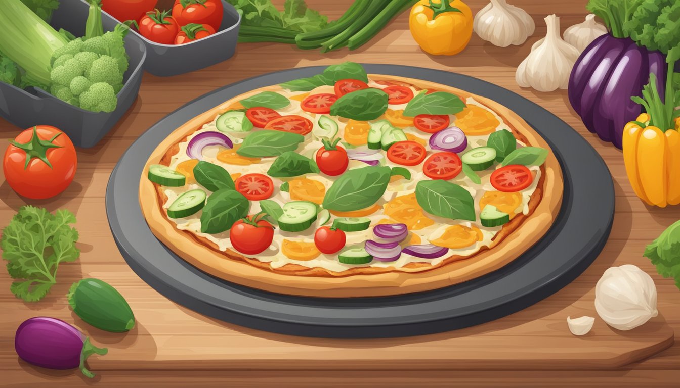 A gluten-free veggie pizza sits on a wooden cutting board, surrounded by colorful, fresh vegetables. A clear plastic wrap covers the pizza, preserving its freshness