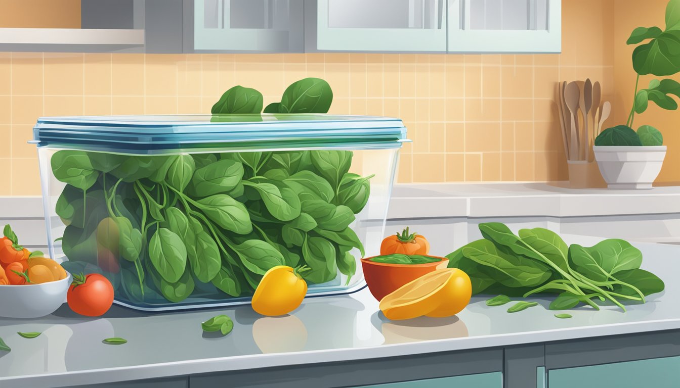 A vibrant bunch of fresh spinach sits in a clear, airtight container on a kitchen counter, surrounded by other colorful vegetables