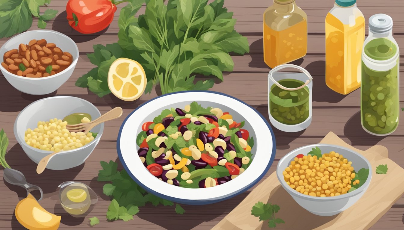 A colorful bowl of three bean salad sits on a picnic table, surrounded by fresh ingredients and a bottle of vinaigrette