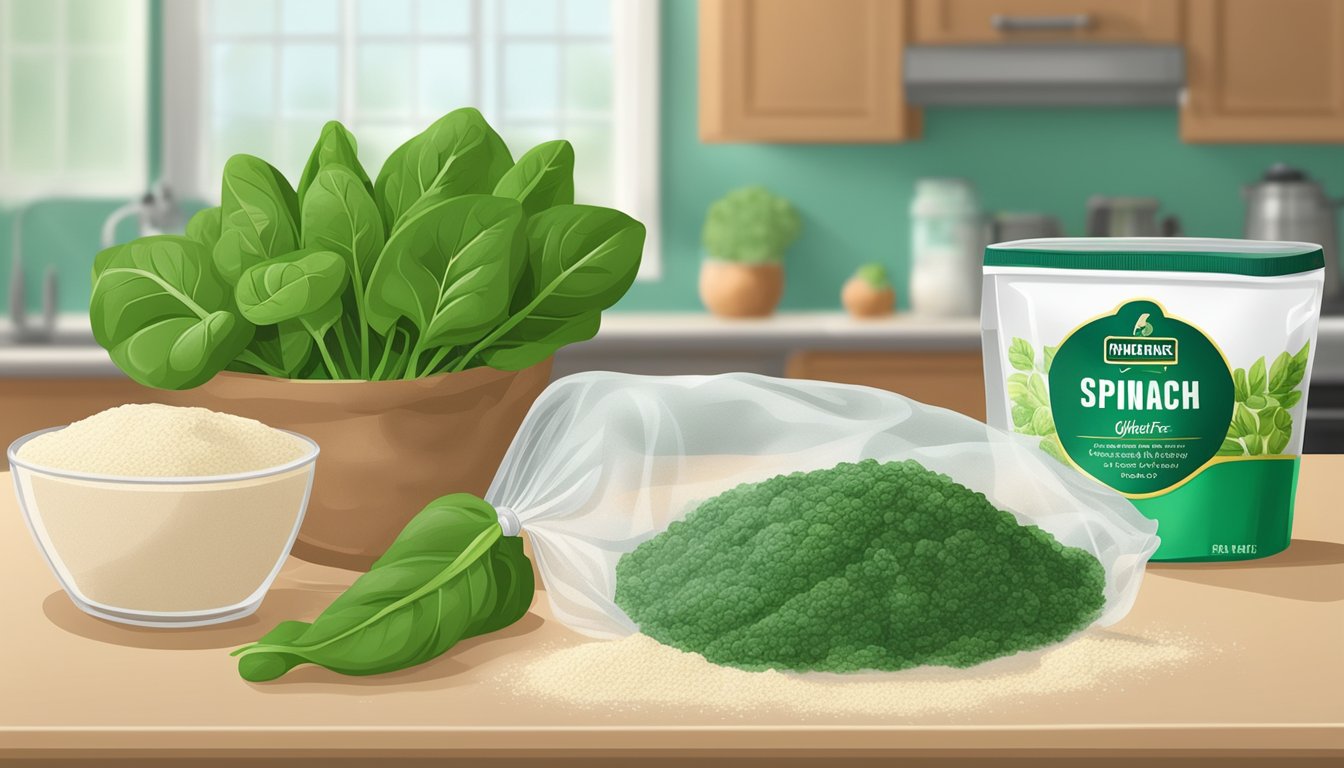 A bag of fresh spinach sits on a kitchen counter next to a container of gluten-free flour. The spinach leaves are vibrant green and the flour is neatly labeled