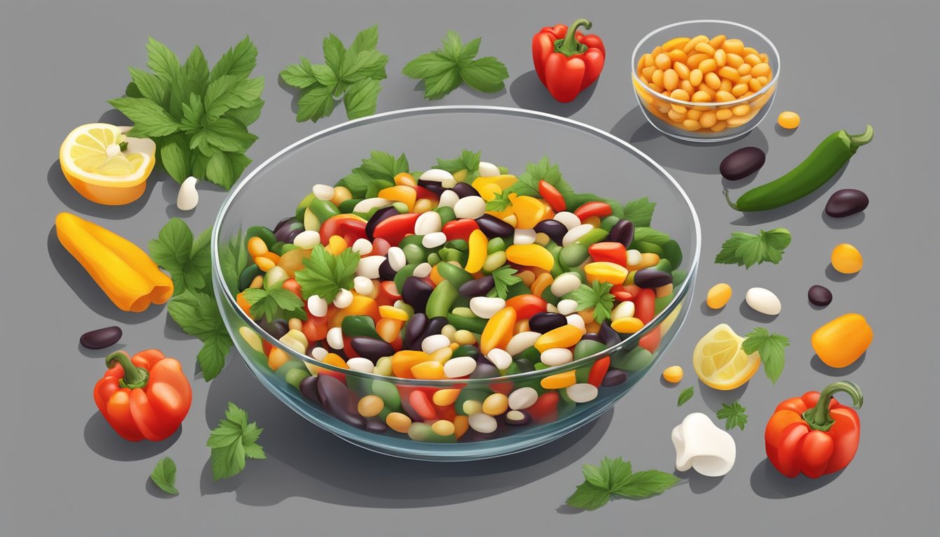 A colorful three bean salad in a glass bowl, surrounded by fresh ingredients like beans, bell peppers, and herbs