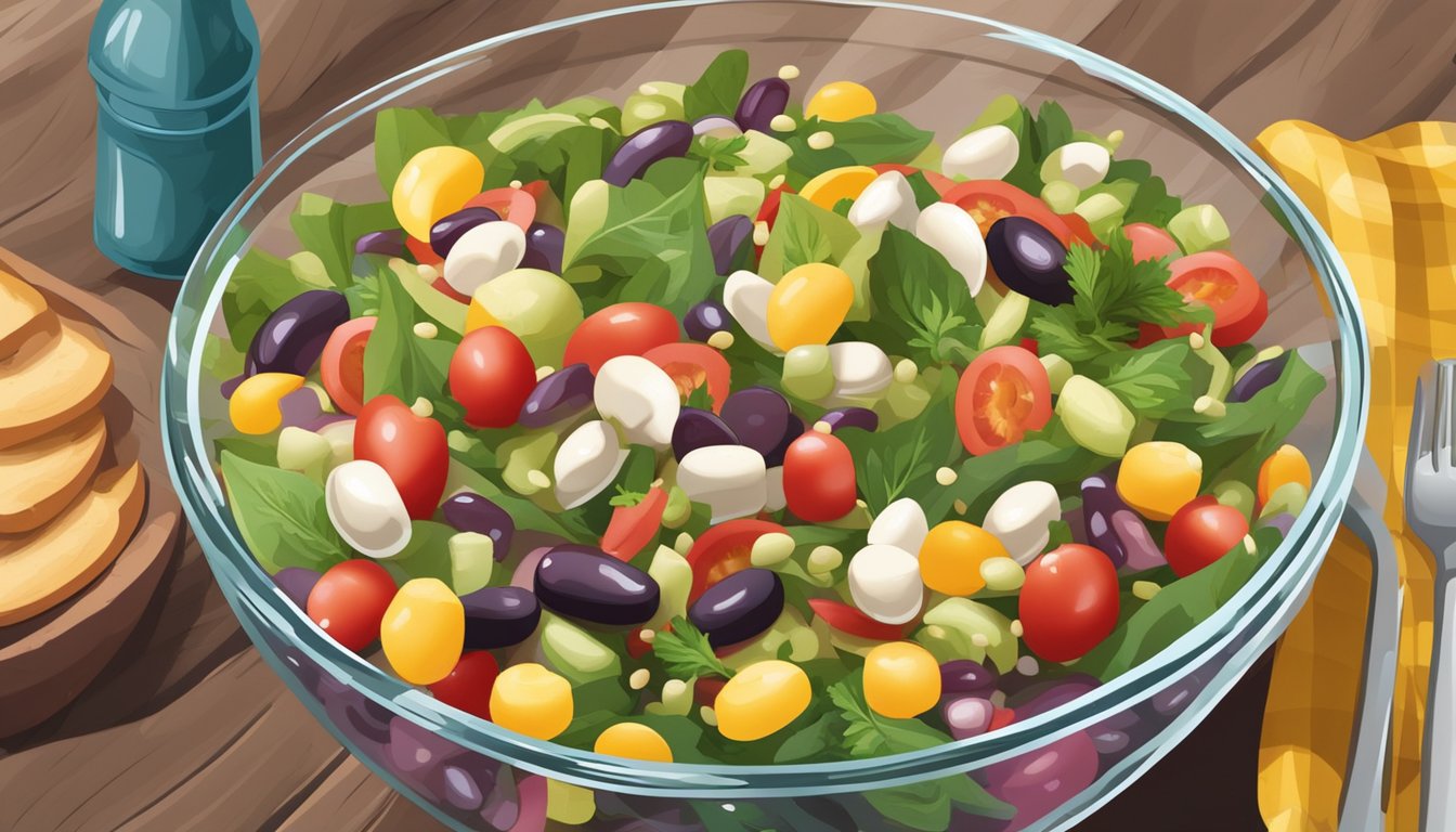 A colorful three bean salad sits in a glass bowl on a picnic table, surrounded by fresh ingredients and a bottle of dressing