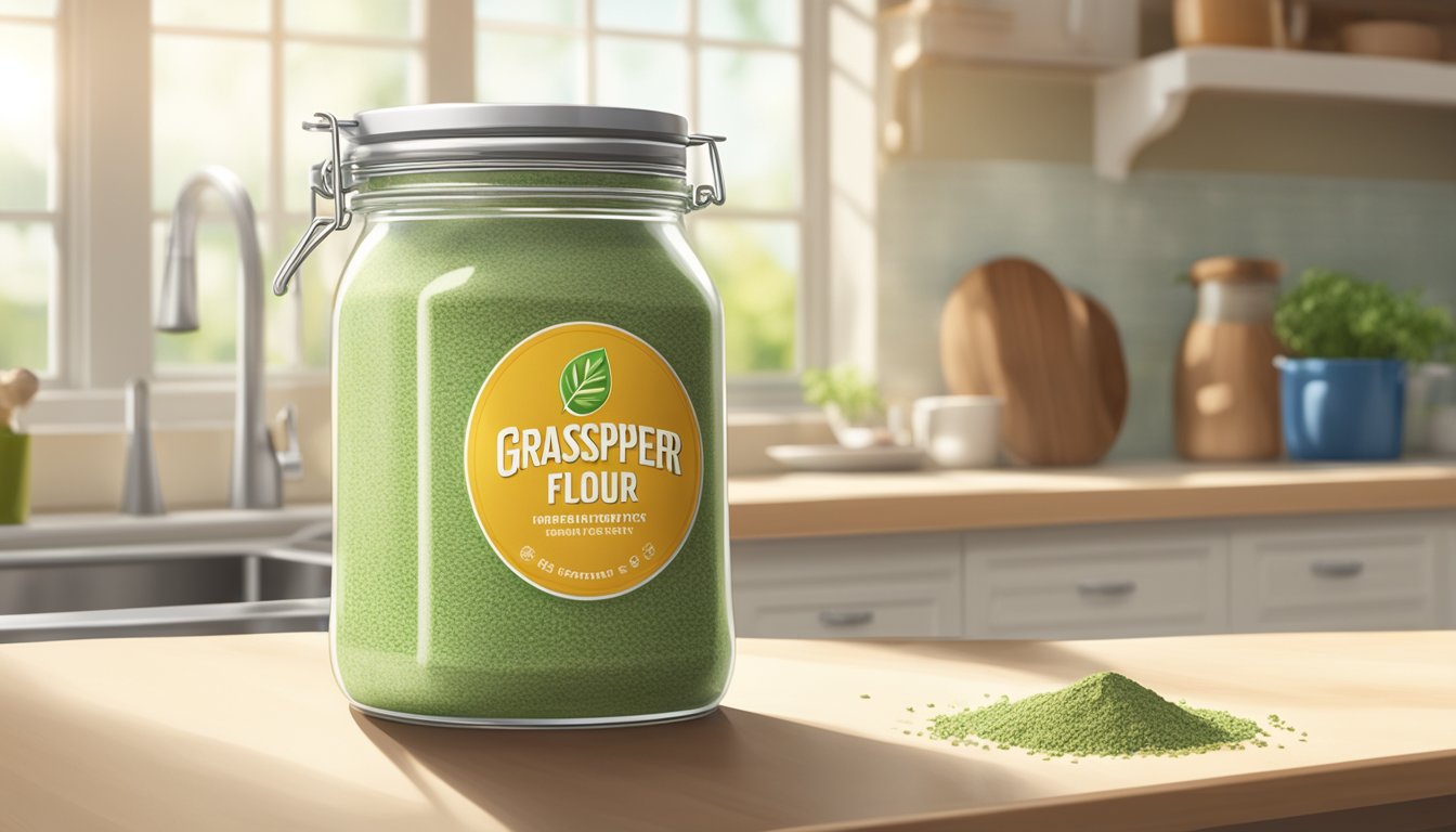 A jar of grasshopper flour sits on a kitchen shelf, sealed tightly to maintain its freshness. The room is bright and airy, with sunlight streaming in through the window