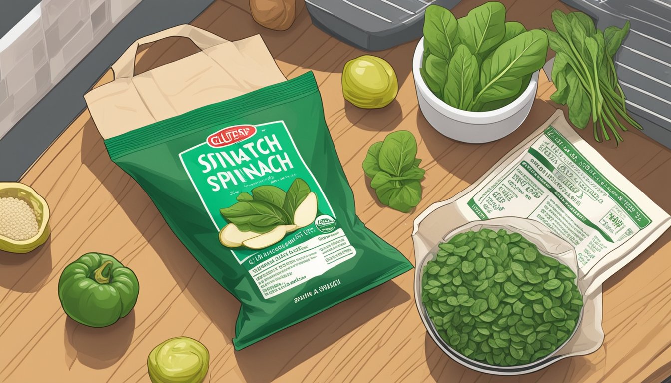 A sealed bag of gluten-free spinach sits on a kitchen shelf, surrounded by other fresh produce. The expiration date is clearly marked on the packaging