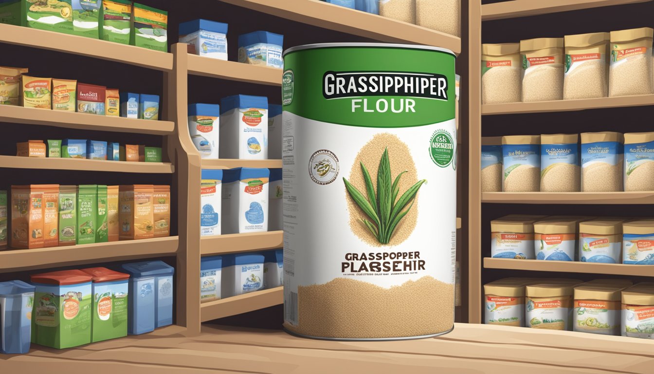 A sealed bag of grasshopper flour sits on a pantry shelf. The expiration date is clearly printed on the packaging