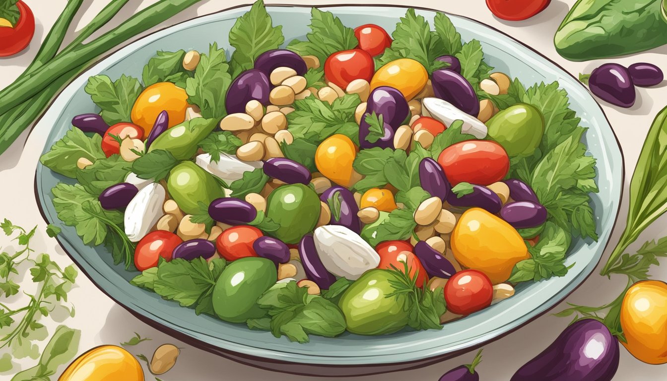 A colorful bowl of three bean salad surrounded by fresh vegetables and herbs, with a label indicating "gluten free."