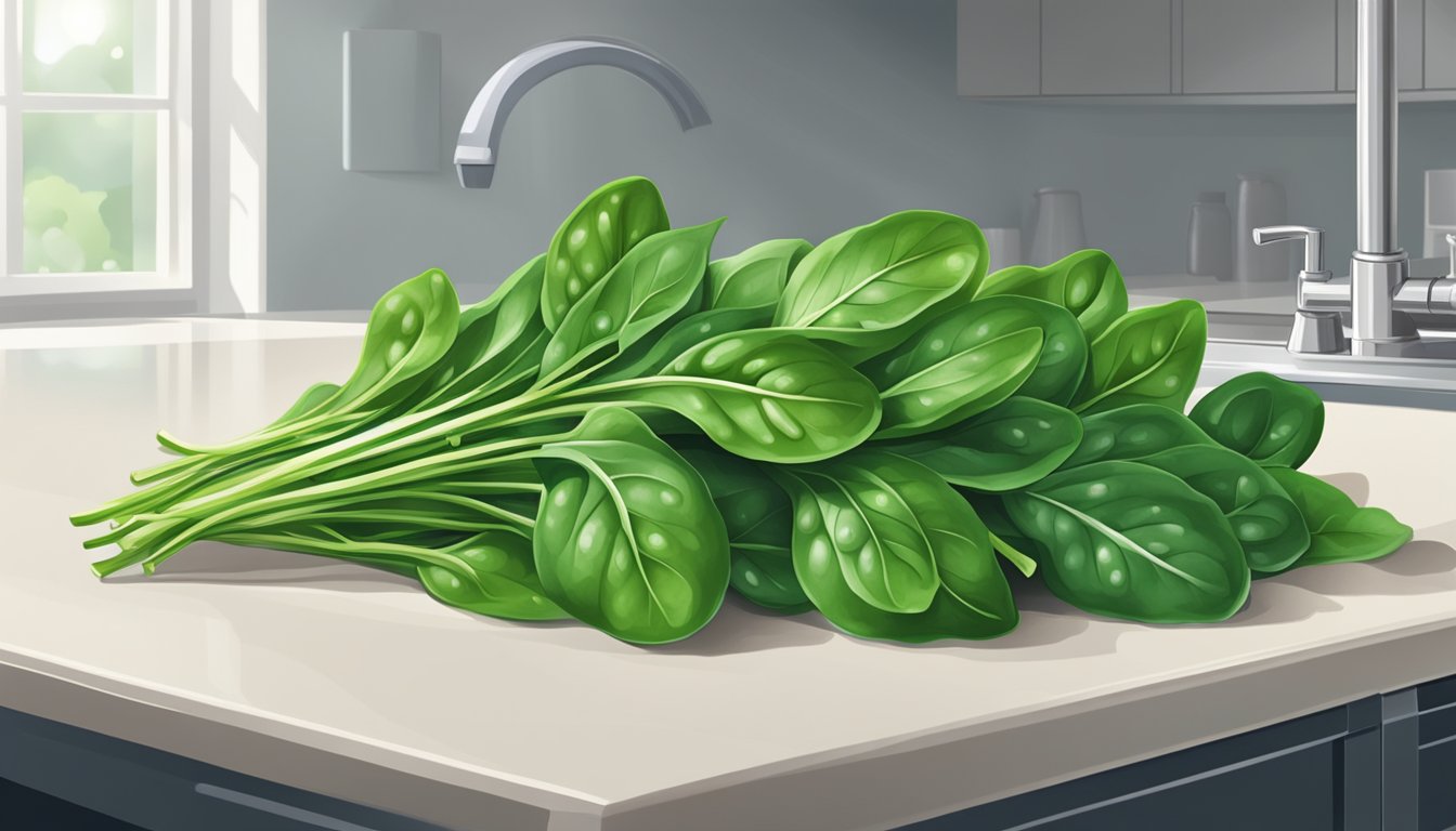 A vibrant bunch of fresh spinach leaves, neatly arranged on a clean kitchen counter, with a few drops of water still clinging to the leaves