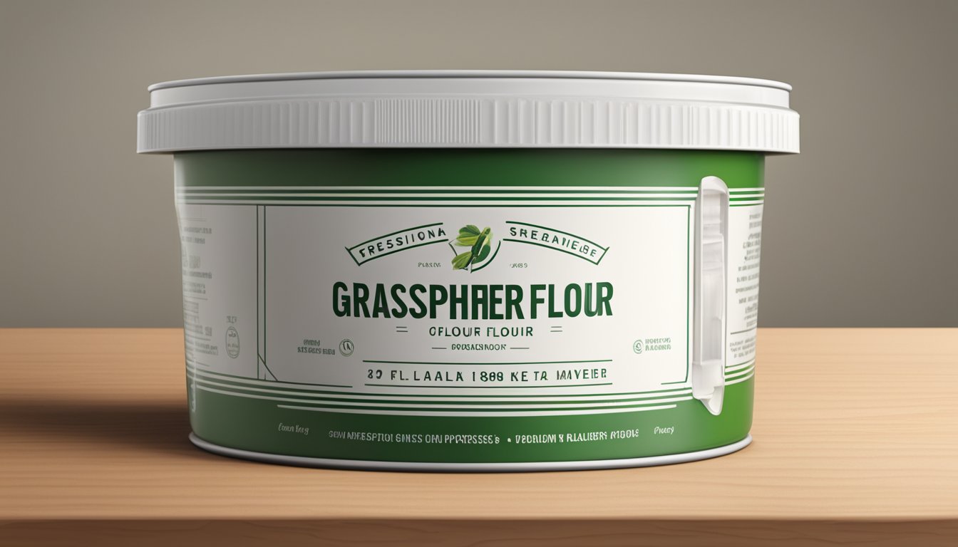 A sealed container of grasshopper flour on a shelf, with a label indicating the date of storage