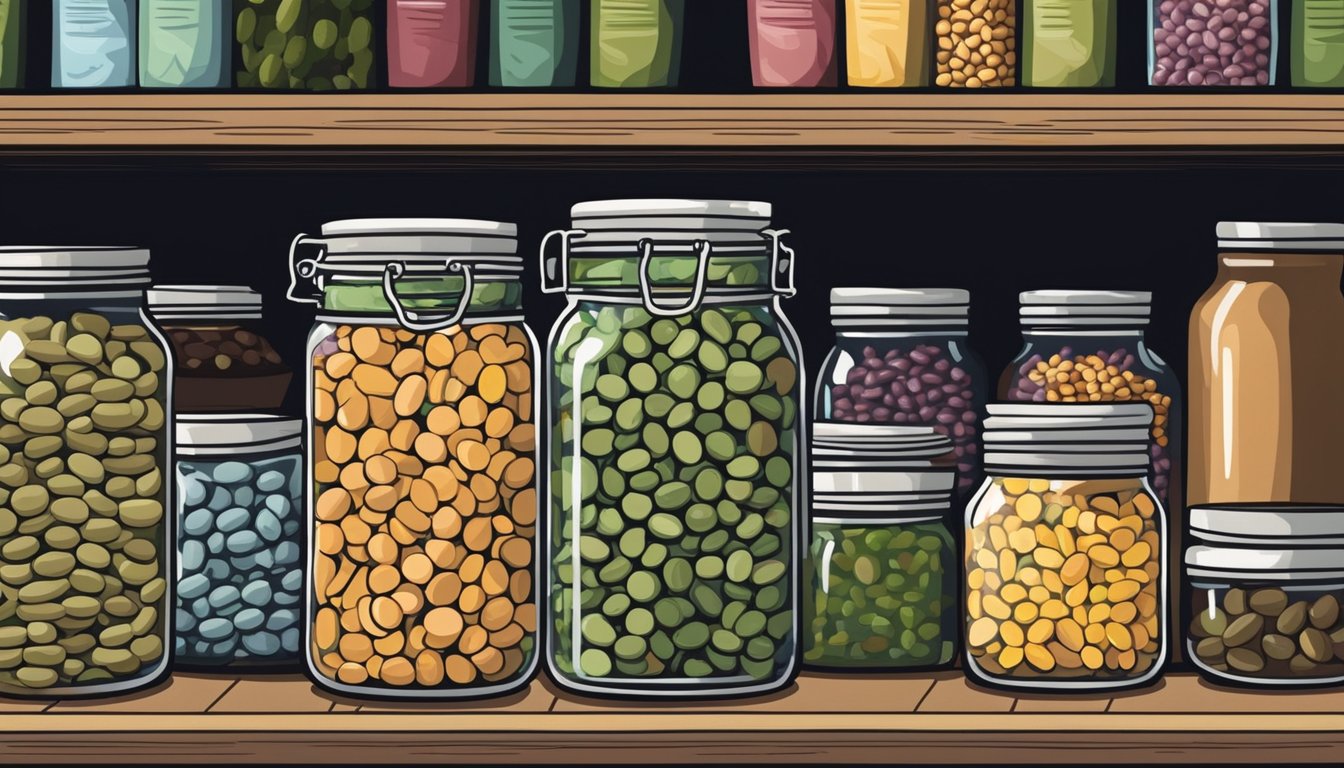 A glass jar of gluten-free three bean salad sits on a shelf in a cool, dark pantry, surrounded by other canned goods