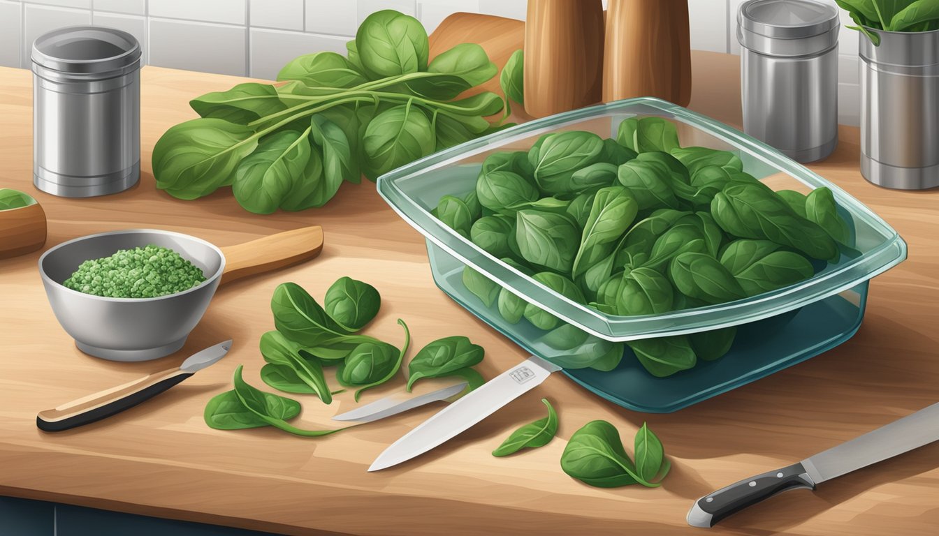 A kitchen counter with fresh spinach, a cutting board, knife, and storage containers