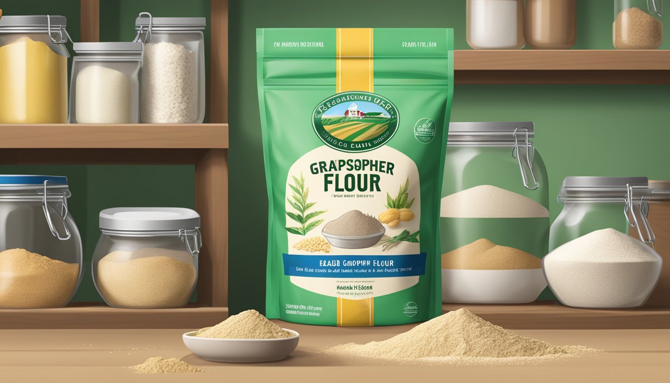 A sealed bag of grasshopper flour sits on a shelf, surrounded by a variety of other baking ingredients. The flour appears fresh and untouched, with no signs of spoilage or degradation