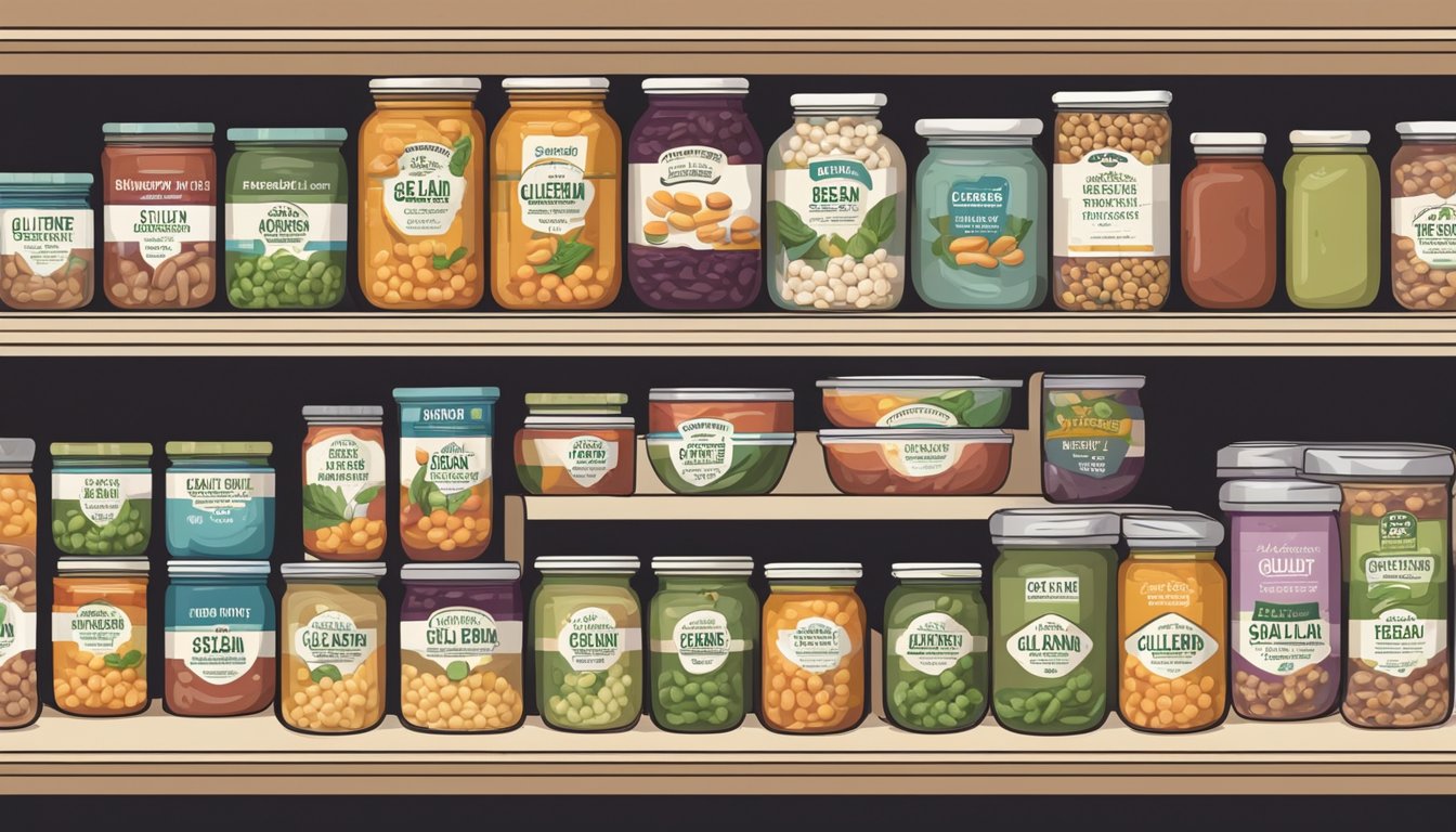 A sealed jar of gluten-free three bean salad sits on a shelf, surrounded by other canned goods. The label indicates the date of production for quality preservation