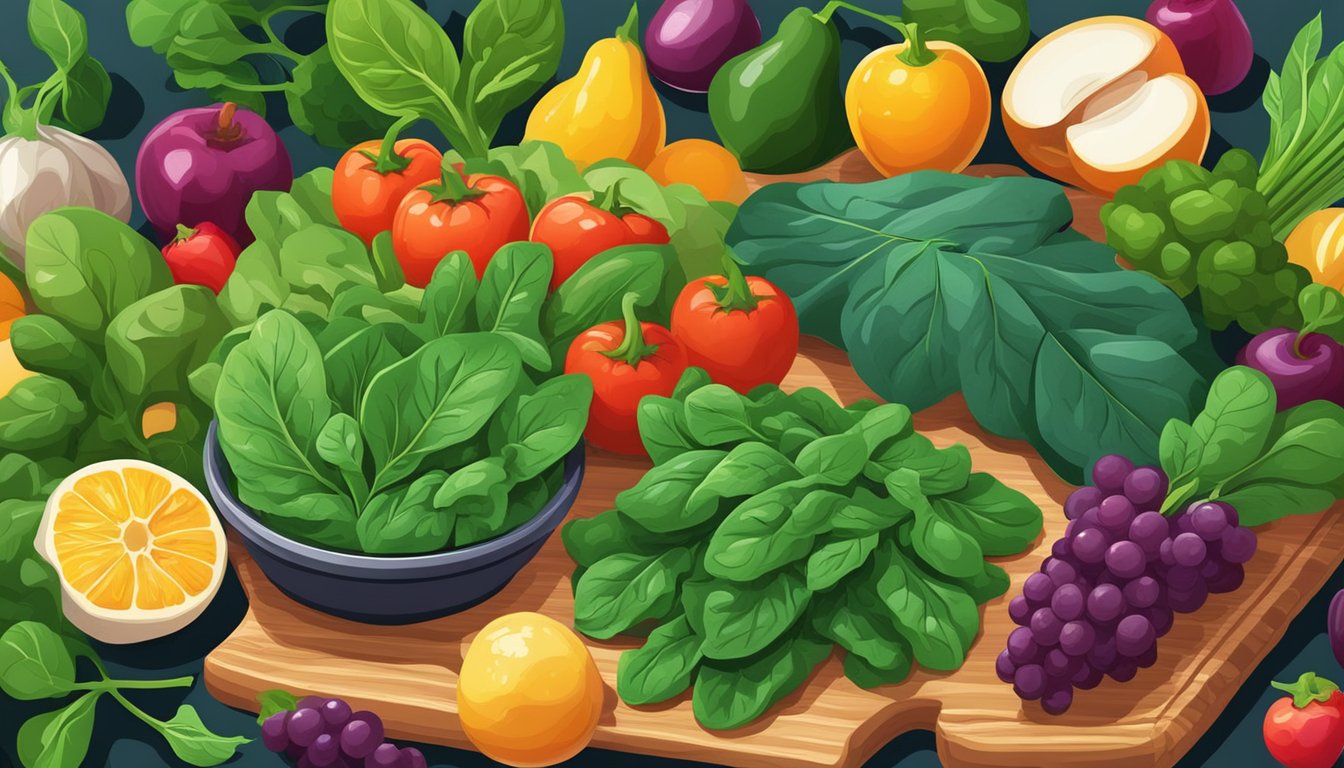 A vibrant bunch of fresh spinach leaves sits on a wooden cutting board, surrounded by colorful fruits and vegetables. A ray of sunlight highlights the nutritious greens