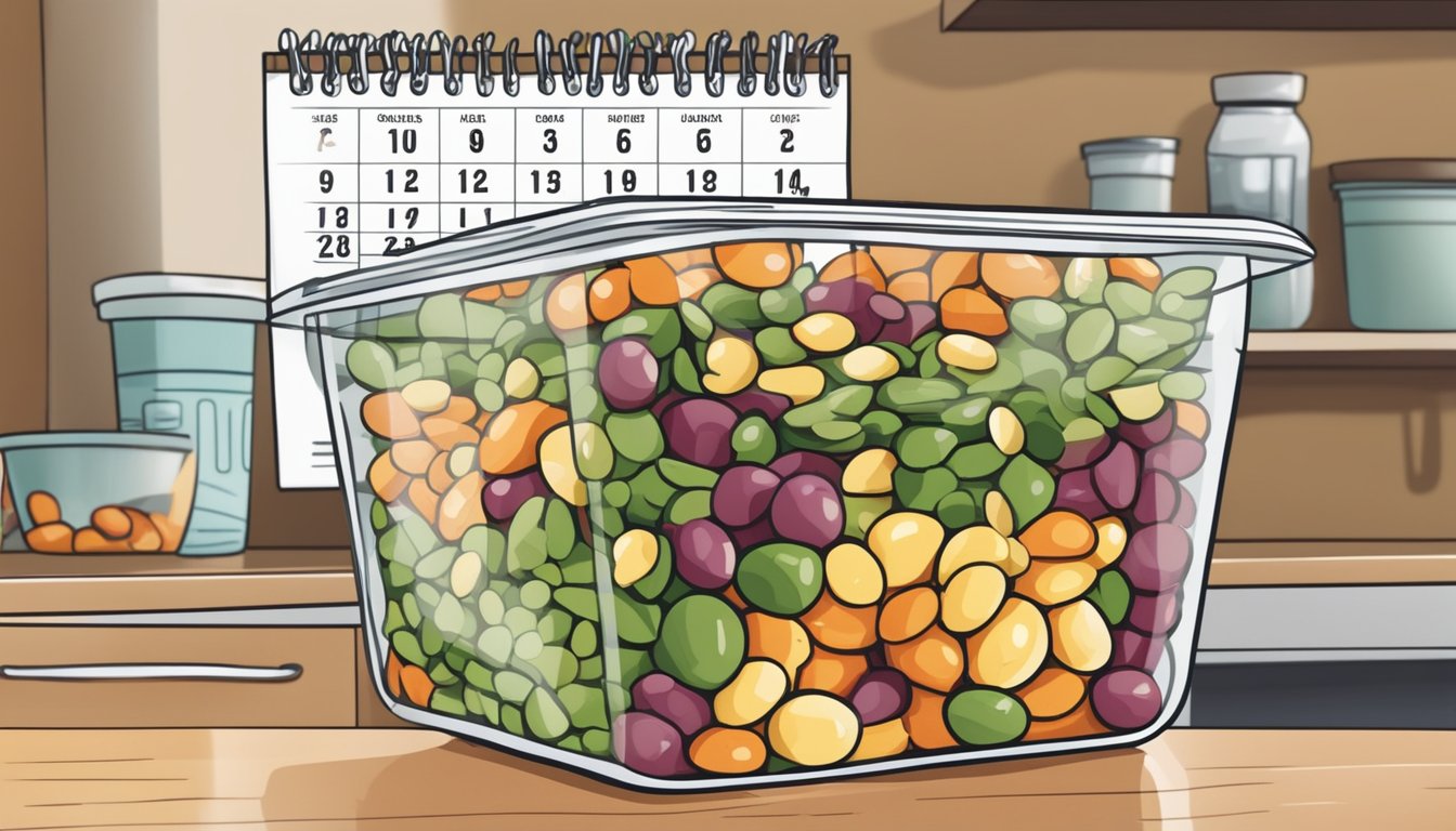 A colorful three bean salad in a sealed container, labeled "gluten free," sits on a kitchen counter with a calendar showing the current date