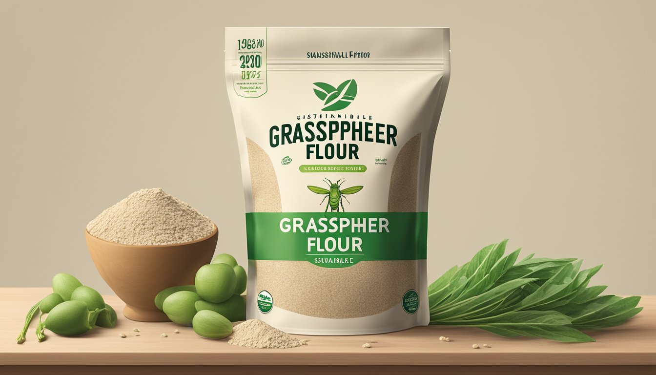 A sealed bag of grasshopper flour sits on a shelf next to other sustainable food items. The expiration date is clearly marked on the packaging