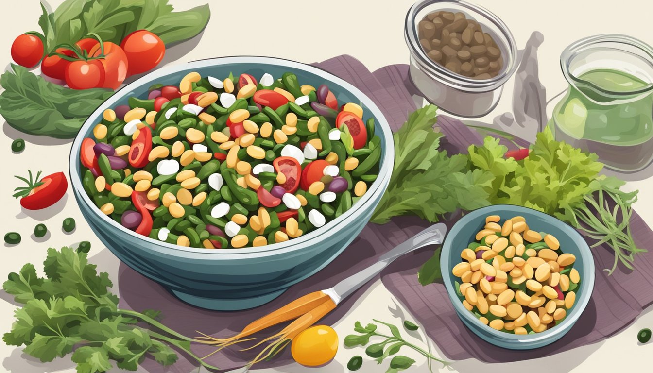 A colorful bowl of three bean salad surrounded by fresh vegetables and a bottle of vinaigrette