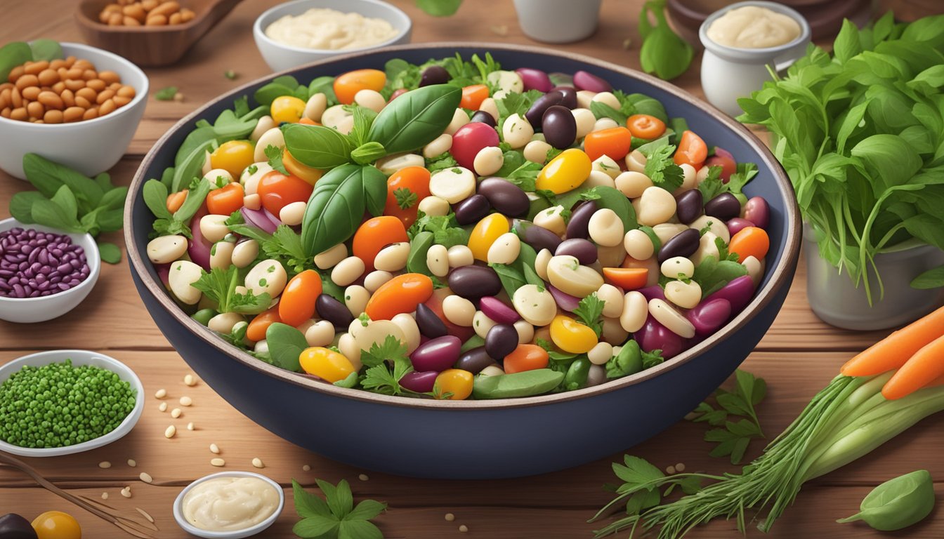 A colorful bowl of gluten-free three bean salad sits on a rustic wooden table, surrounded by fresh herbs, vibrant vegetables, and various recipe variations