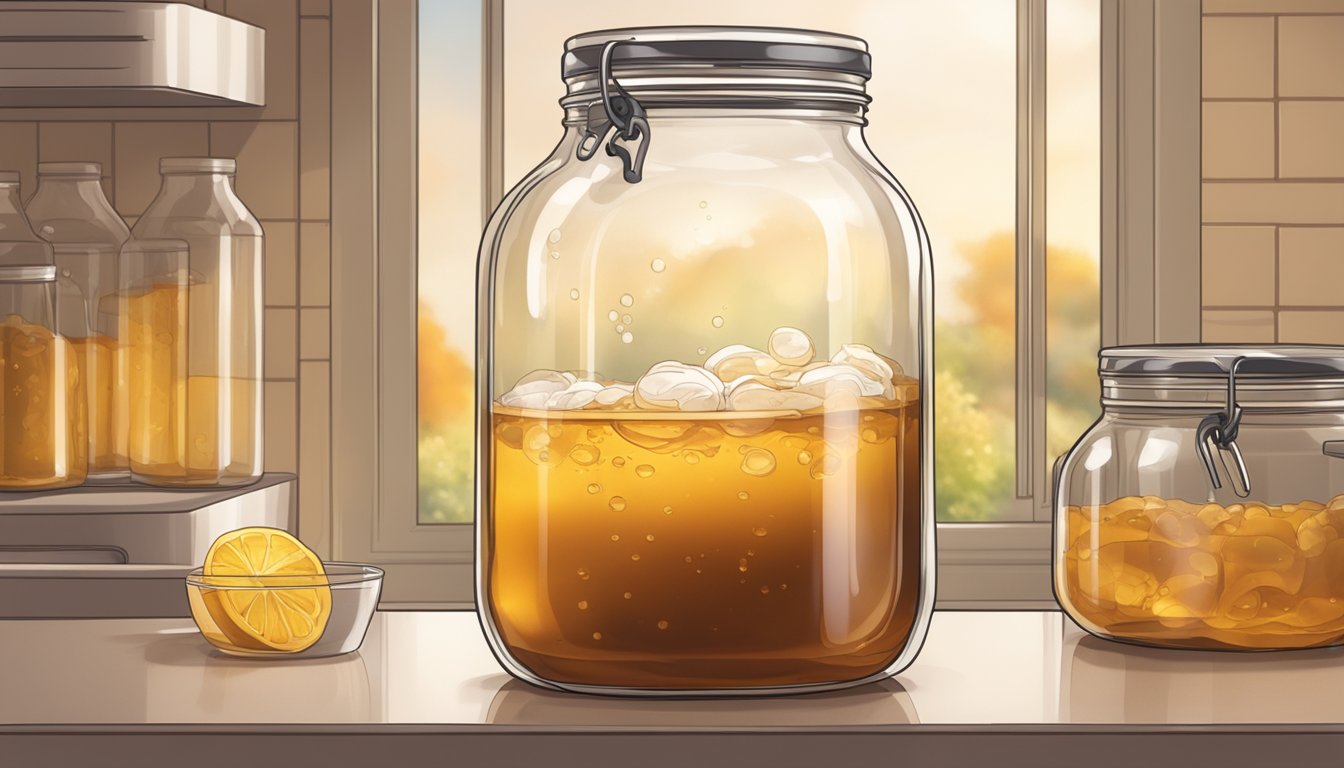 A glass jar filled with brewing kombucha, with a healthy, round scoby floating on the surface. The liquid is a deep amber color, and bubbles can be seen rising from the scoby