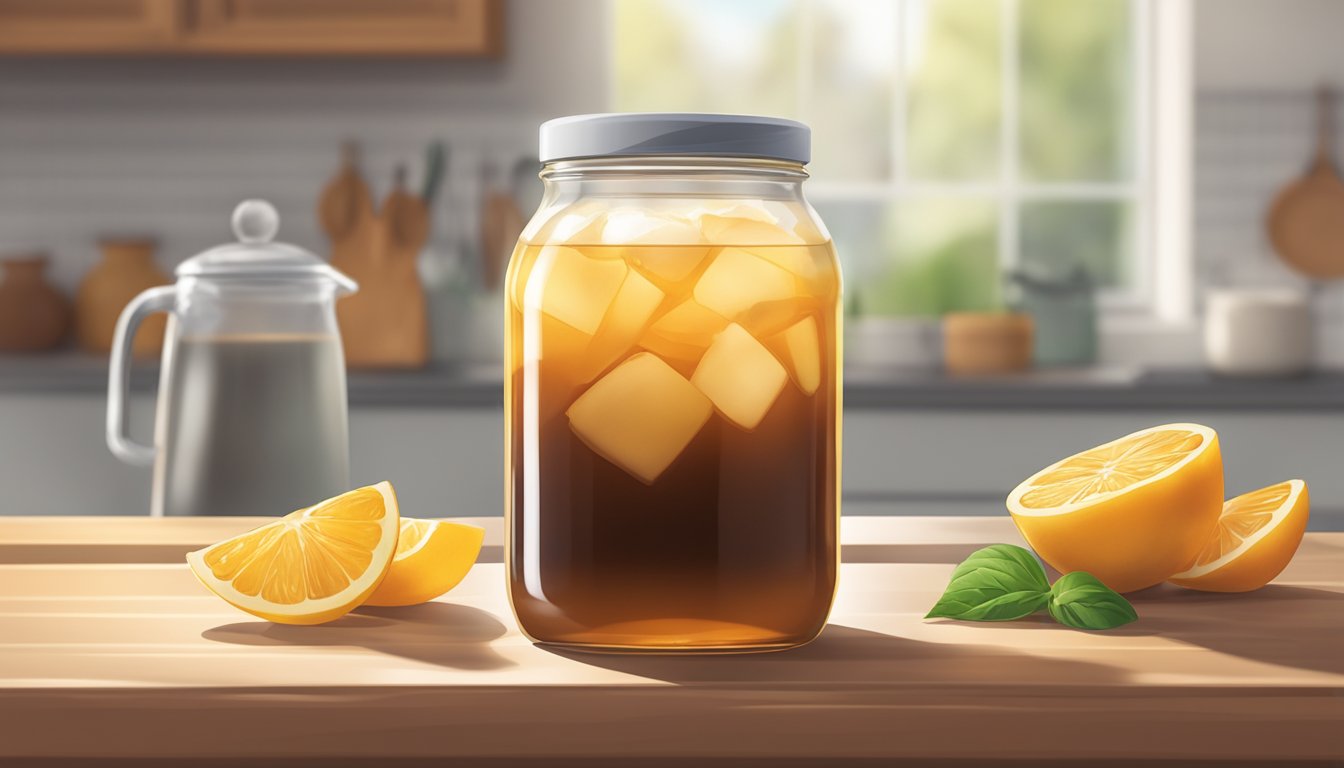 A glass jar with a tightly sealed lid holds a healthy, floating kombucha scoby in a batch of freshly brewed sweet tea, sitting on a clean, well-lit kitchen counter