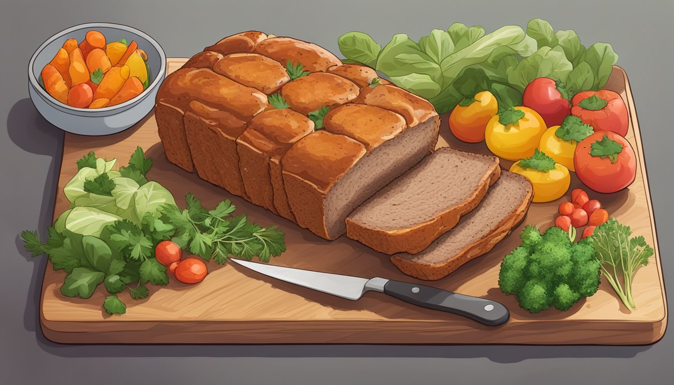 A freshly baked gluten-free turkey meatloaf sits on a wooden cutting board, surrounded by colorful vegetables and herbs, with a slice missing to reveal the juicy interior