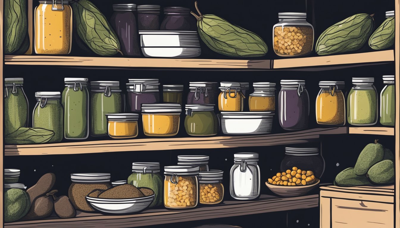 A sealed container of gluten-free stuffed eggplant sits on a shelf in a cool, dark pantry, surrounded by other preserved foods