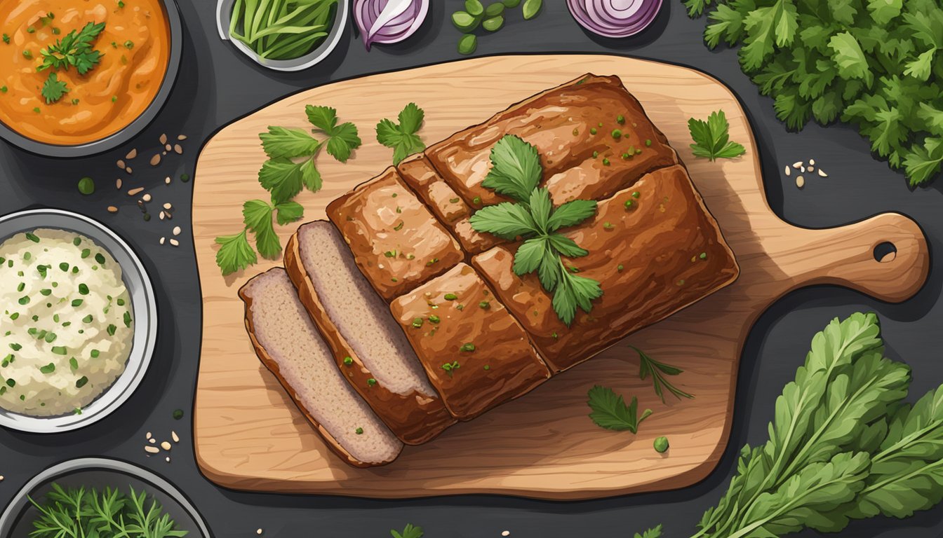 A gluten-free turkey meatloaf sits on a wooden cutting board, surrounded by fresh herbs, spices, and a mixing bowl