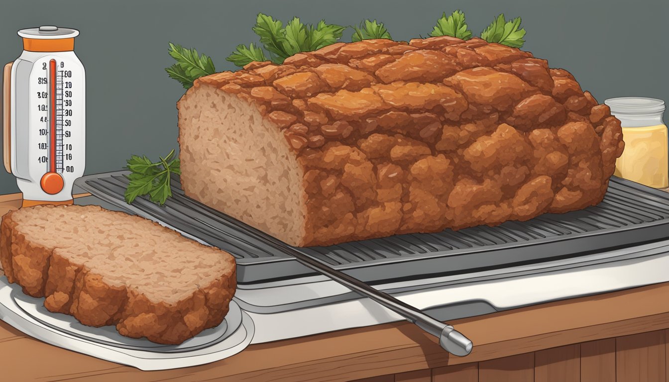 A gluten-free turkey meatloaf sits on a cutting board, surrounded by a meat thermometer and a timer