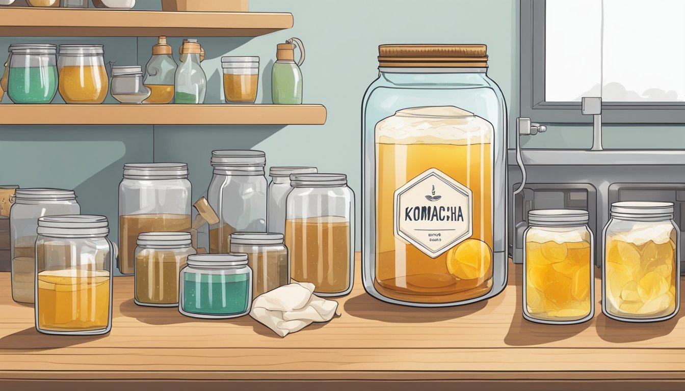 A glass jar with a floating kombucha scoby, surrounded by brewing supplies and a timer indicating the passage of time