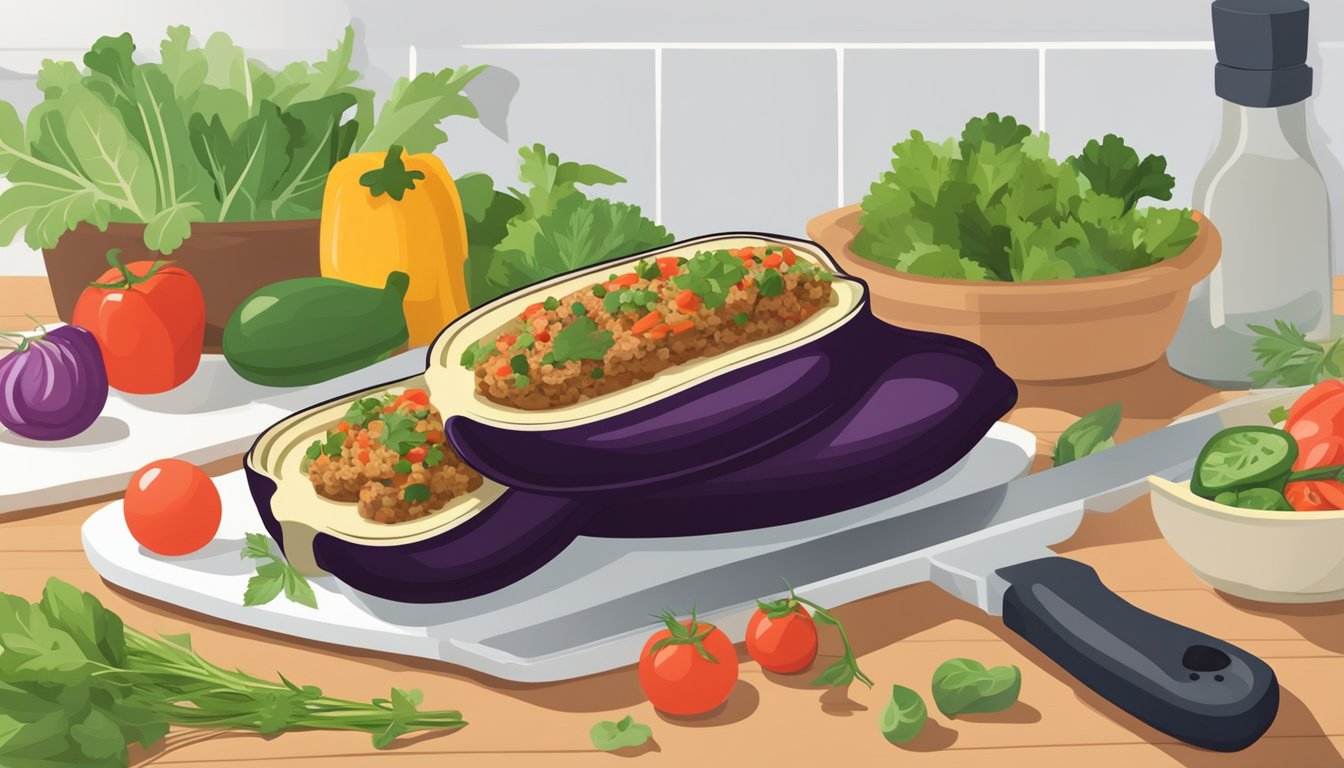 A gluten-free stuffed eggplant sits on a cutting board, surrounded by fresh vegetables and herbs. A meal prepping container is open nearby