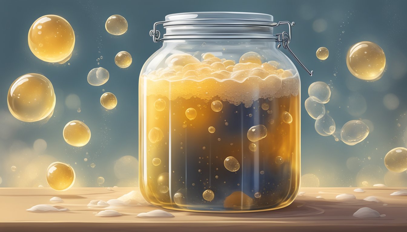 A glass jar filled with fermenting kombucha, a thick, rubbery scoby floating on the surface, surrounded by bubbles and strands of yeast