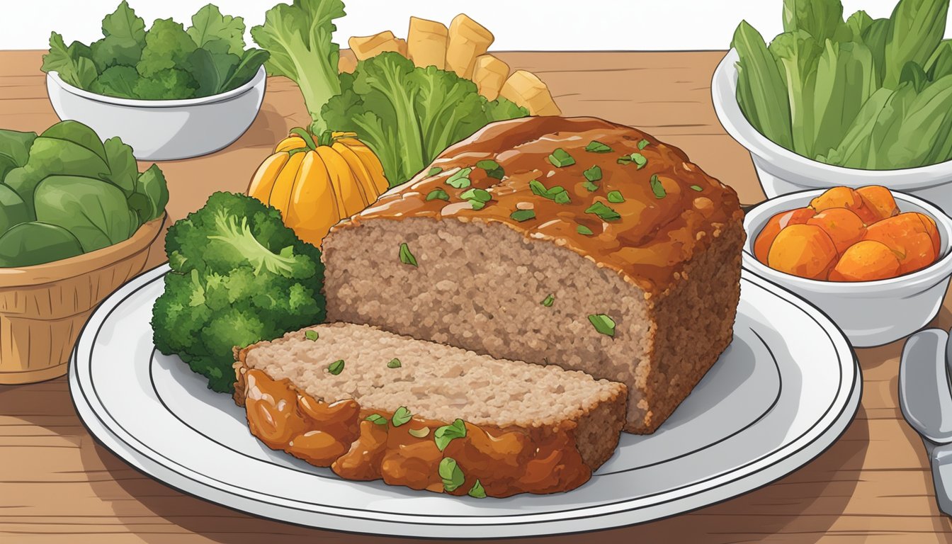 A gluten-free turkey meatloaf sits on a white plate, surrounded by colorful vegetables. The meatloaf is freshly baked and steaming, with a golden-brown crust on the outside