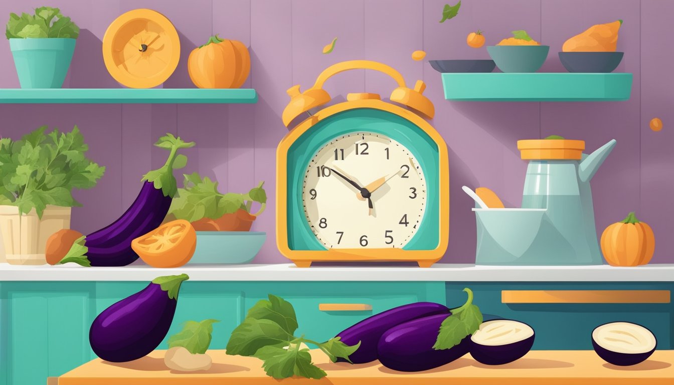 A colorful kitchen counter with a fresh, whole eggplant, a variety of gluten-free ingredients, and a clock indicating the passage of time