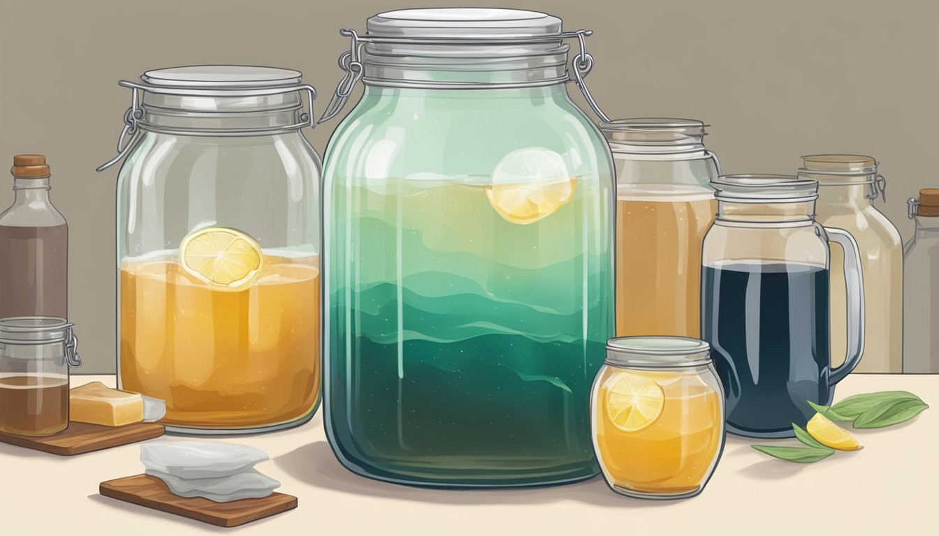 A clear glass jar filled with brewing kombucha, with a healthy scoby floating on the surface, surrounded by a few bottles of finished kombucha