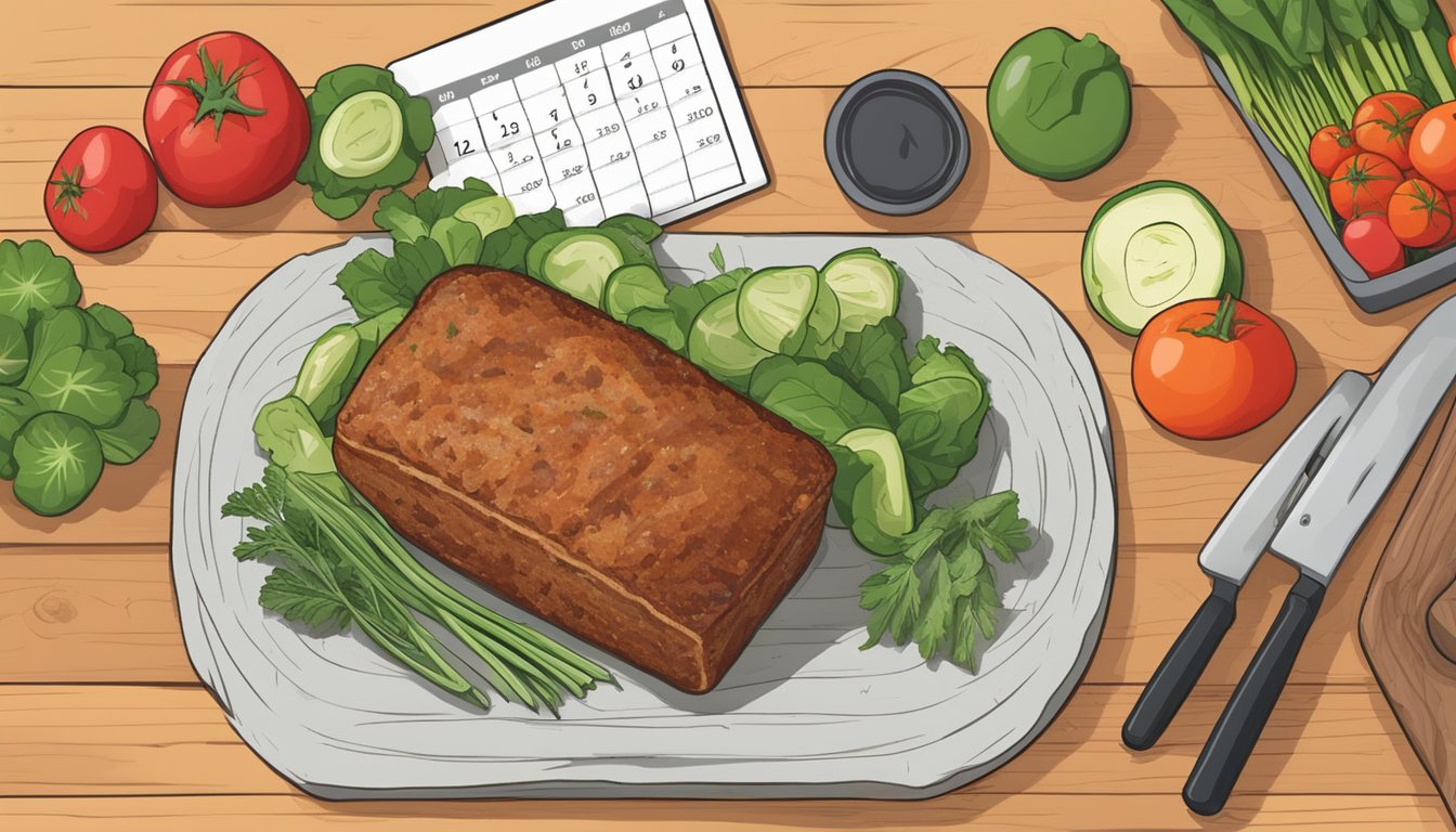 A gluten-free turkey meatloaf sits on a wooden cutting board, surrounded by fresh vegetables and herbs. A calendar on the wall shows the current date, with a date circled a few days in the future