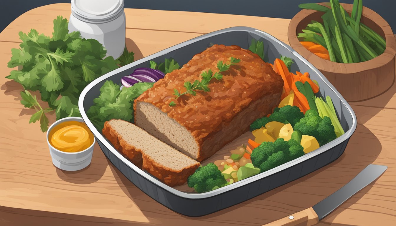 A gluten-free turkey meatloaf sits on a wooden cutting board, surrounded by colorful vegetables and herbs. A meal prep container is open nearby, ready to store the leftovers