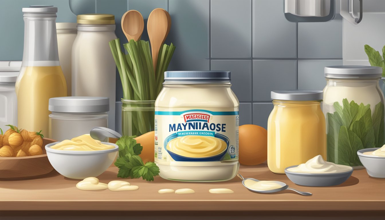 A jar of mayonnaise sits on a kitchen counter, surrounded by various food items. The jar is slightly open, with a spoon resting on the lid