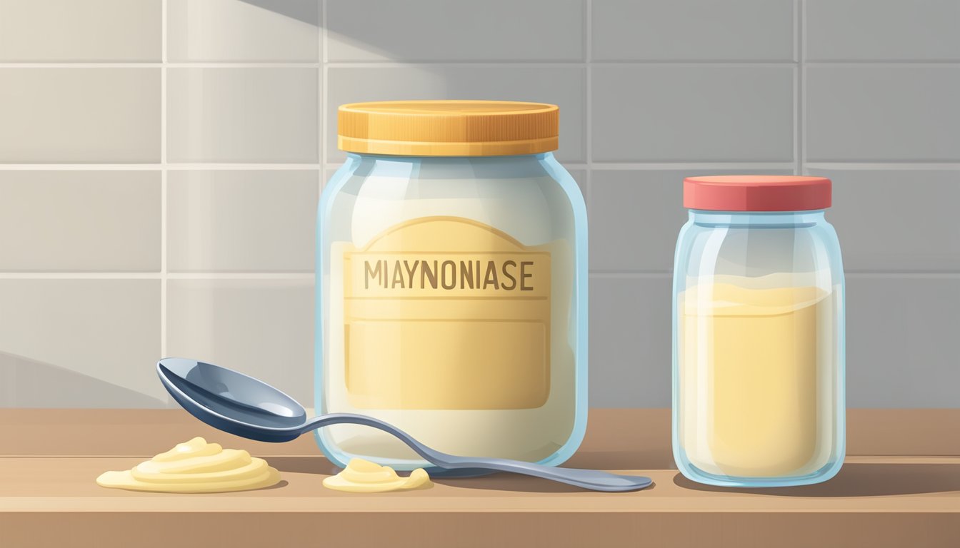 A jar of unopened mayonnaise sits next to an open jar with a spoon inside. The unopened jar is surrounded by a calendar showing the current date and an expiration date