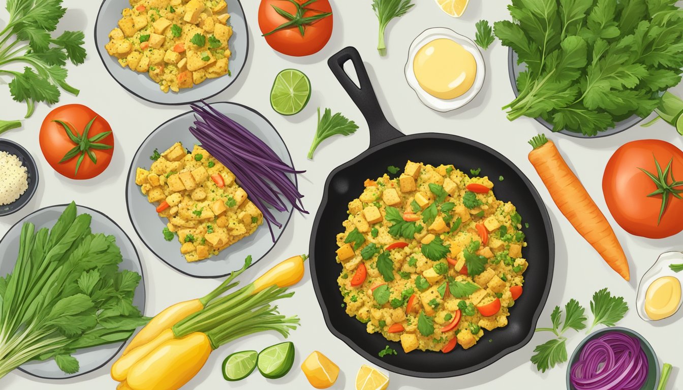 A skillet with sizzling gluten-free tofu scramble, surrounded by fresh vegetables and herbs