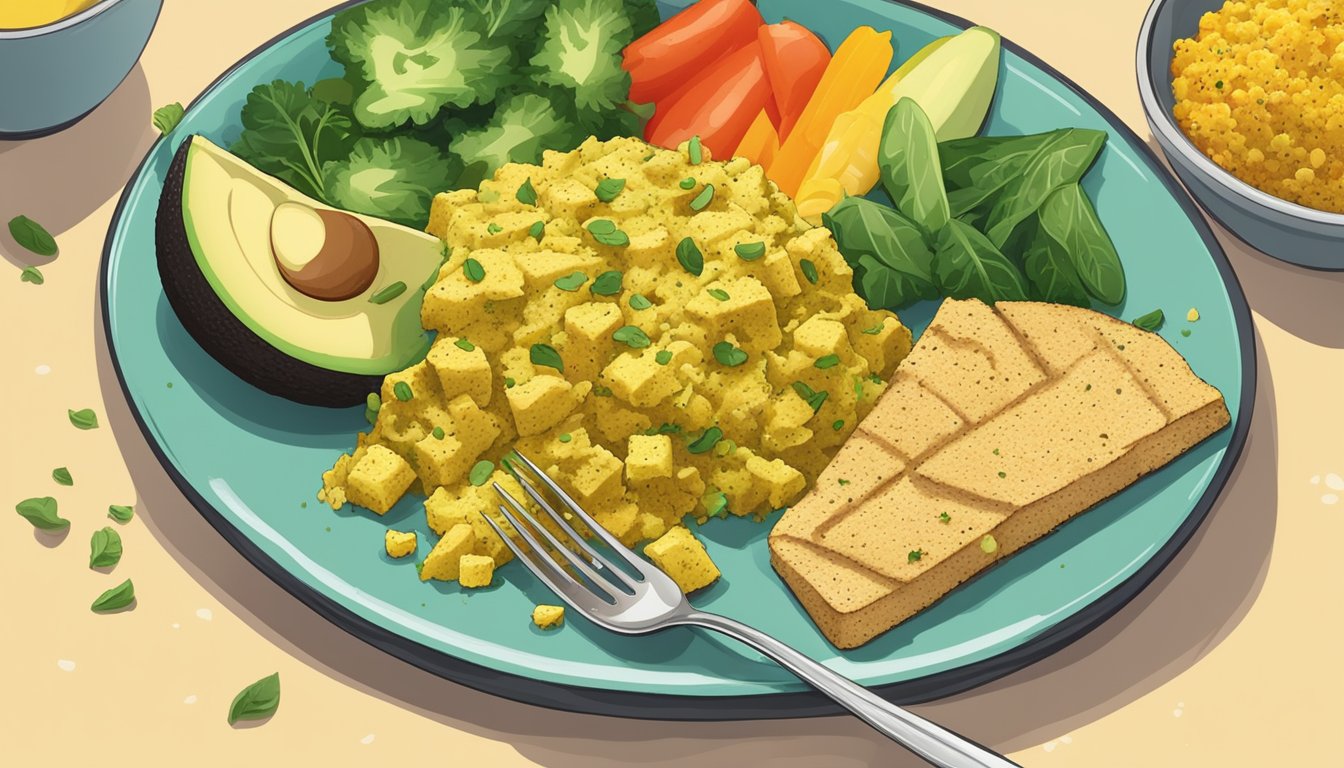 A colorful plate of gluten-free tofu scramble with fresh vegetables and herbs, accompanied by a side of sliced avocado and a sprinkle of nutritional yeast