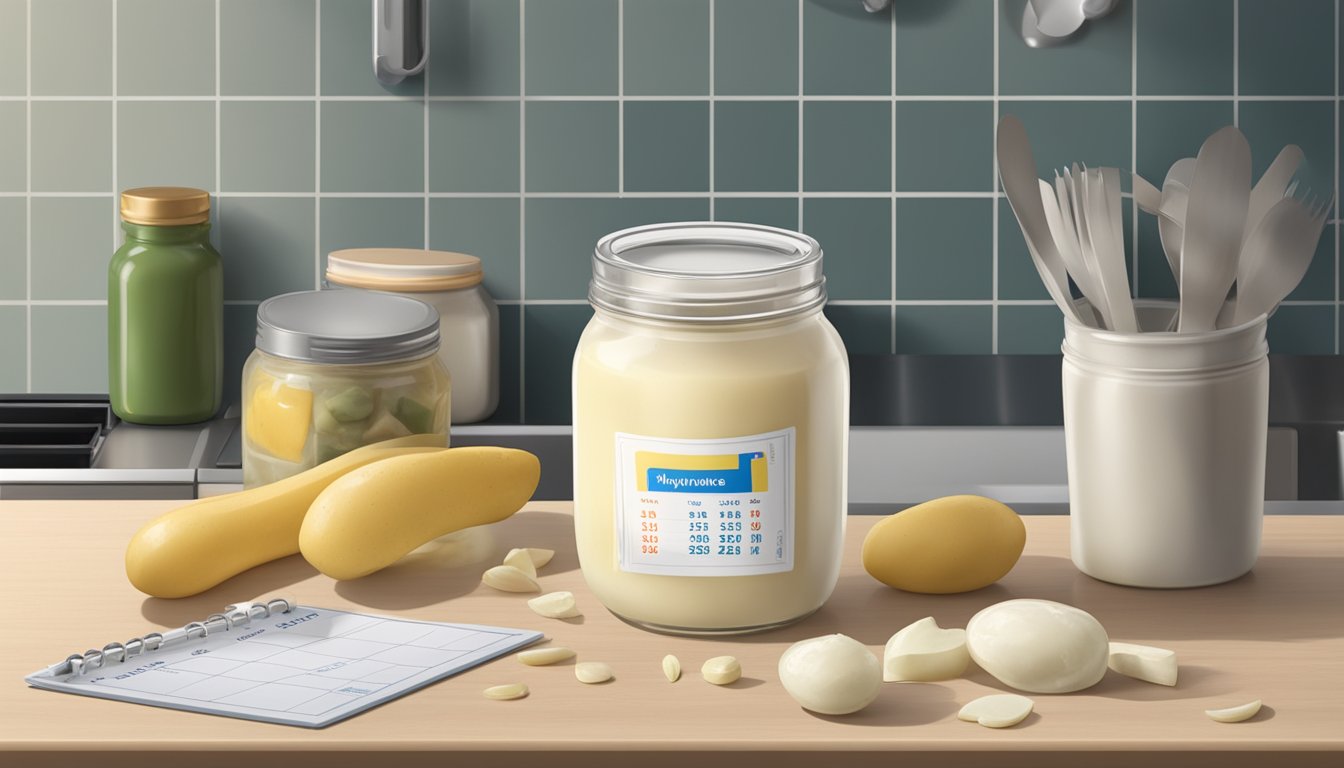 A jar of mayonnaise sits on a kitchen counter, surrounded by various expiration date labels and a calendar