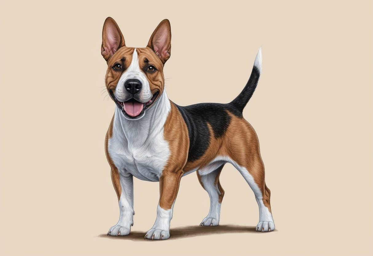 A Bull Terrier dog standing proudly with ears perked up, tail wagging, and a friendly expression on its face