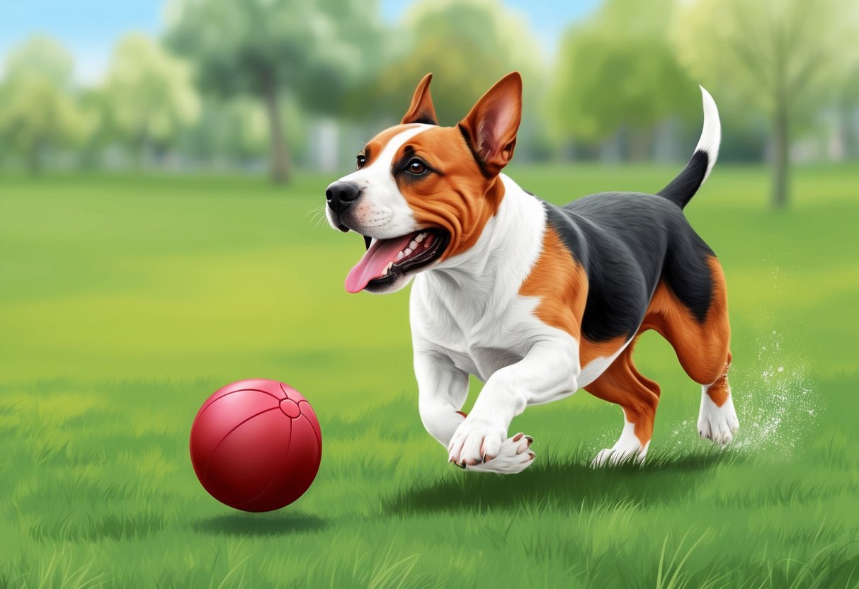 A Bull Terrier dog playfully chasing a ball in a grassy park