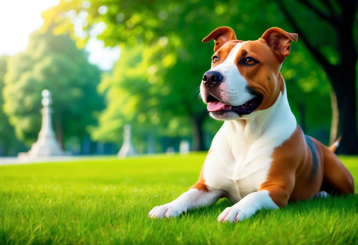 A Bull Terrier dog with a shiny coat, bright eyes, and a wagging tail, enjoying a peaceful moment in a lush green park