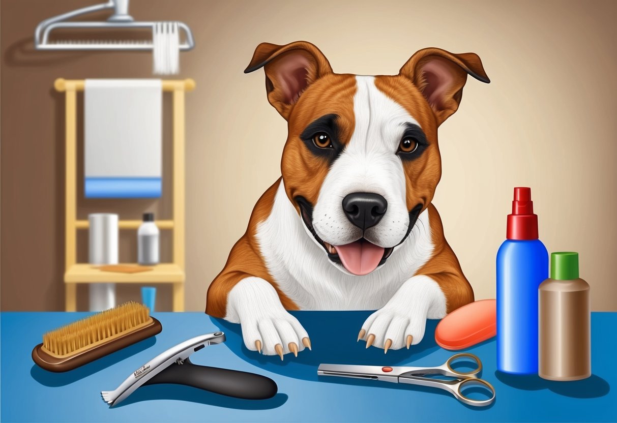 A Bull Terrier dog being groomed with a brush and nail clippers on a table with various grooming supplies nearby