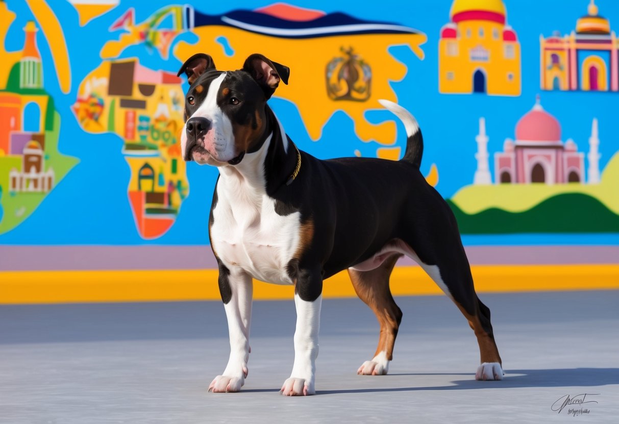 A Bull Terrier stands proudly in front of a colorful mural depicting cultural symbols and landmarks. The dog's confident stance reflects its significant cultural impact