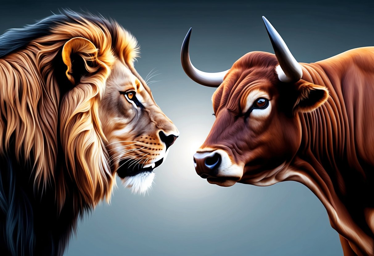 A lion and a bull stand facing each other, their eyes locked in a powerful and intense gaze