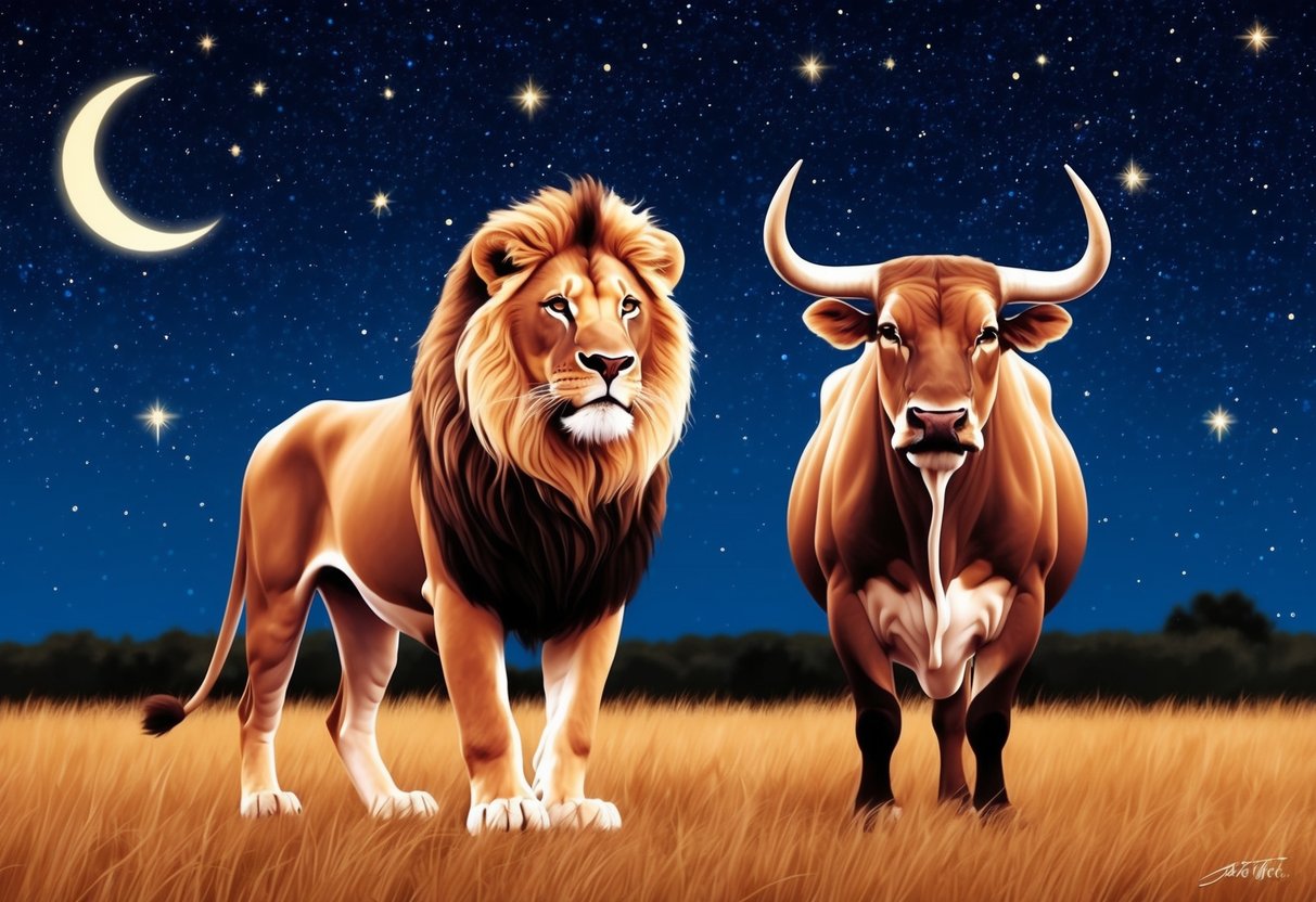 A lion and a bull standing together under a starry night sky