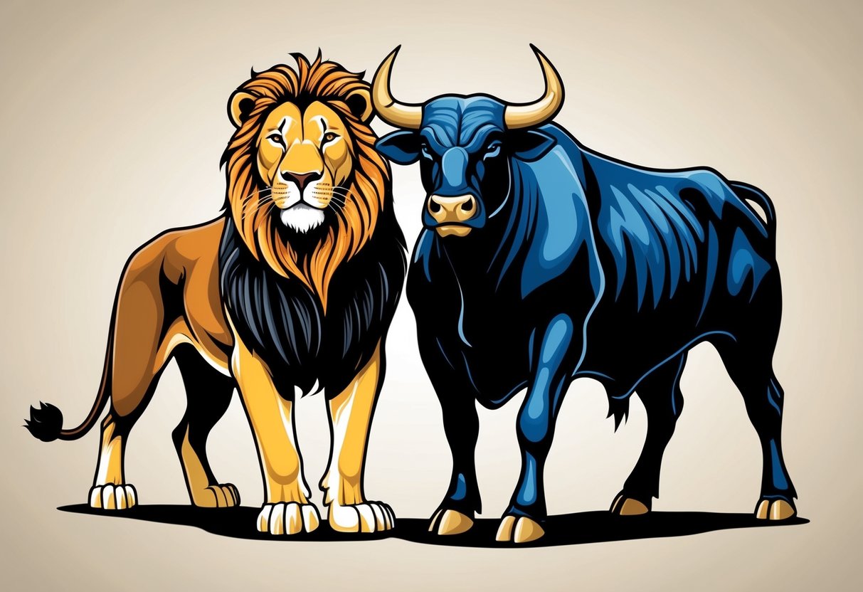 A lion and a bull standing side by side, symbolizing strength and stability. The lion exudes confidence while the bull exudes determination